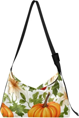 Autumn Pumpkins White Flowers Tote Bag for Women Large Hobo Bags Slouchy Crossbody Bag Hobo Purses with Adjustable Strap for Travel Women