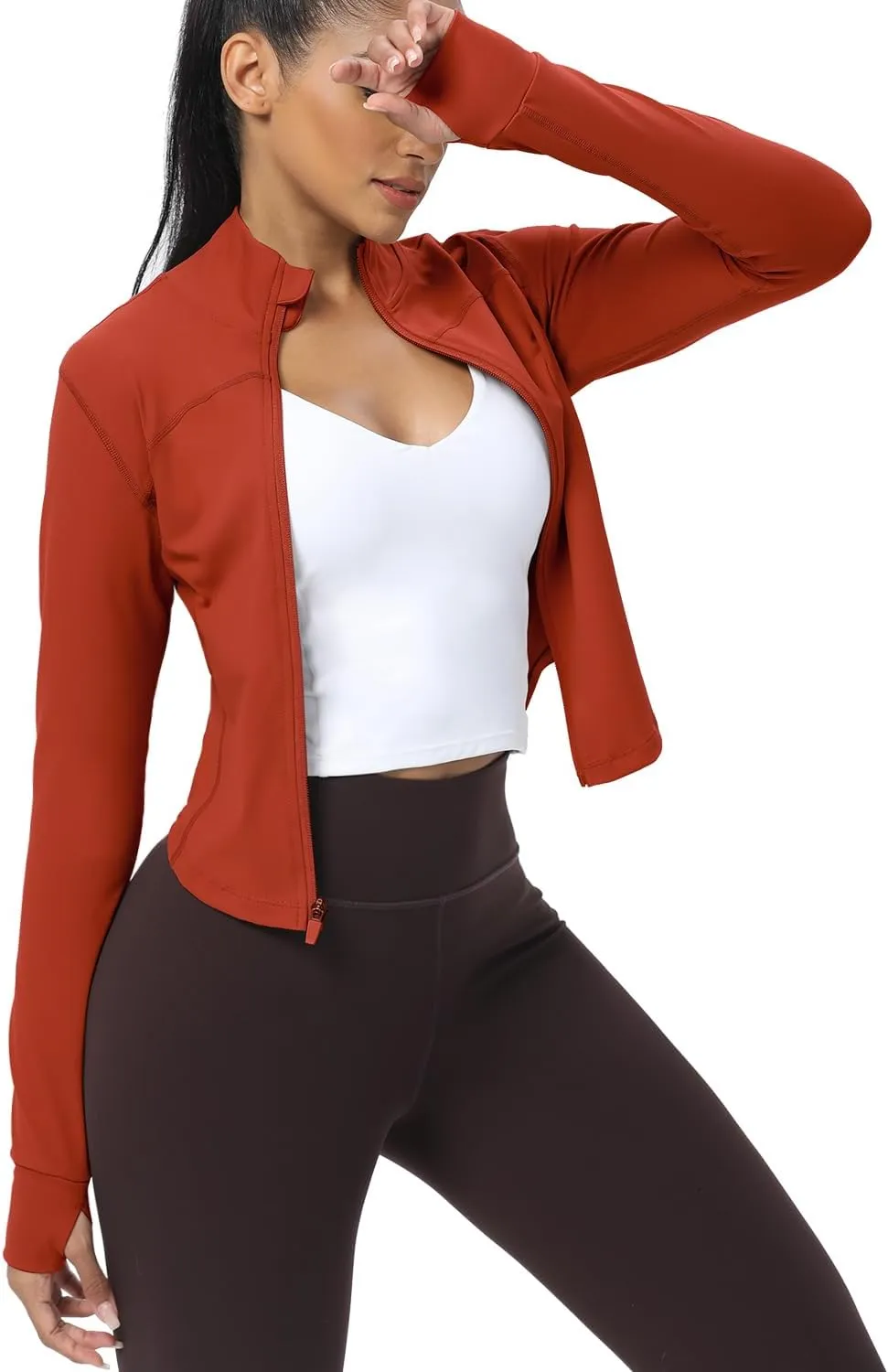 AVGO Women's Cropped Running Workout Jackets Zip Slim Fit Athletic Tops with Thumb Holes