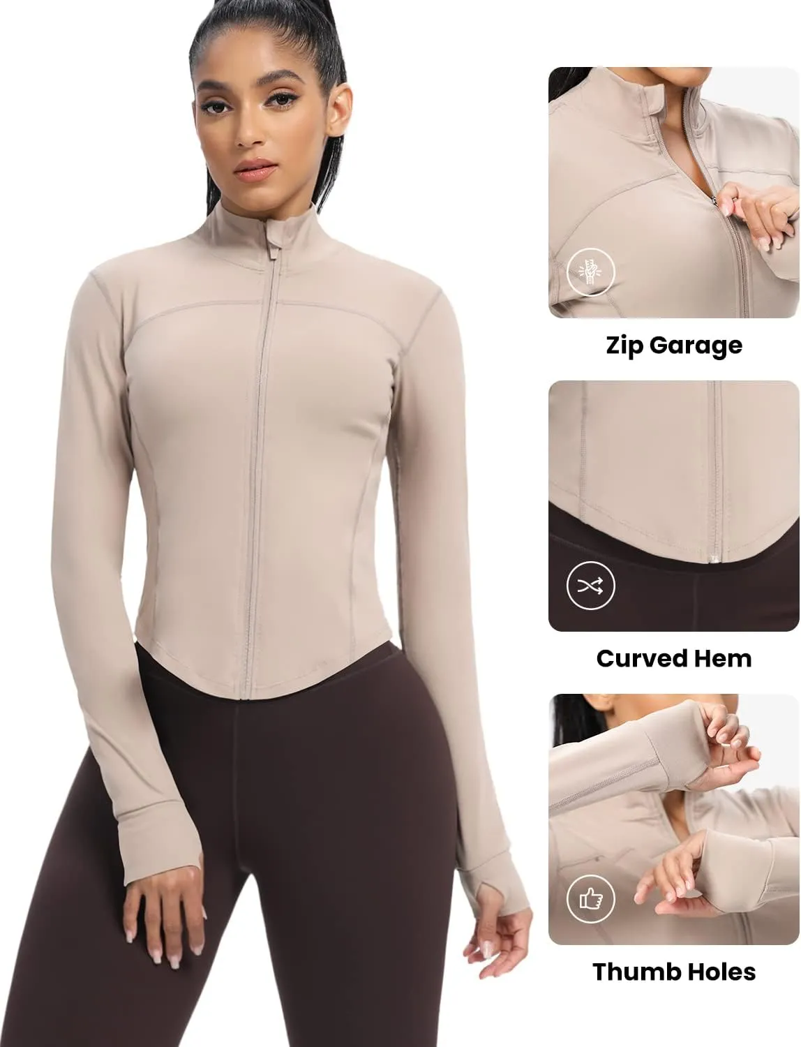 AVGO Women's Cropped Running Workout Jackets Zip Slim Fit Athletic Tops with Thumb Holes