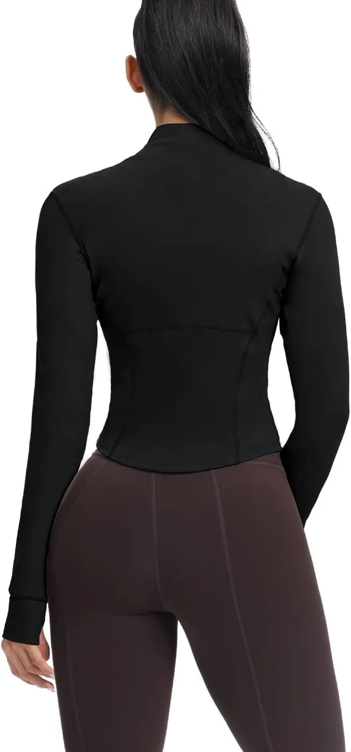 AVGO Women's Cropped Running Workout Jackets Zip Slim Fit Athletic Tops with Thumb Holes