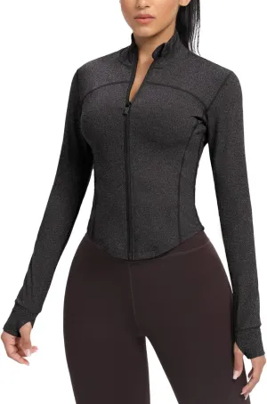 AVGO Women's Cropped Running Workout Jackets Zip Slim Fit Athletic Tops with Thumb Holes