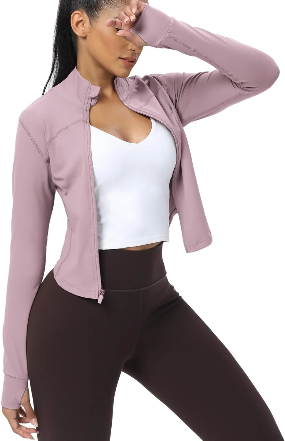 AVGO Women's Cropped Running Workout Jackets Zip Slim Fit Athletic Tops with Thumb Holes