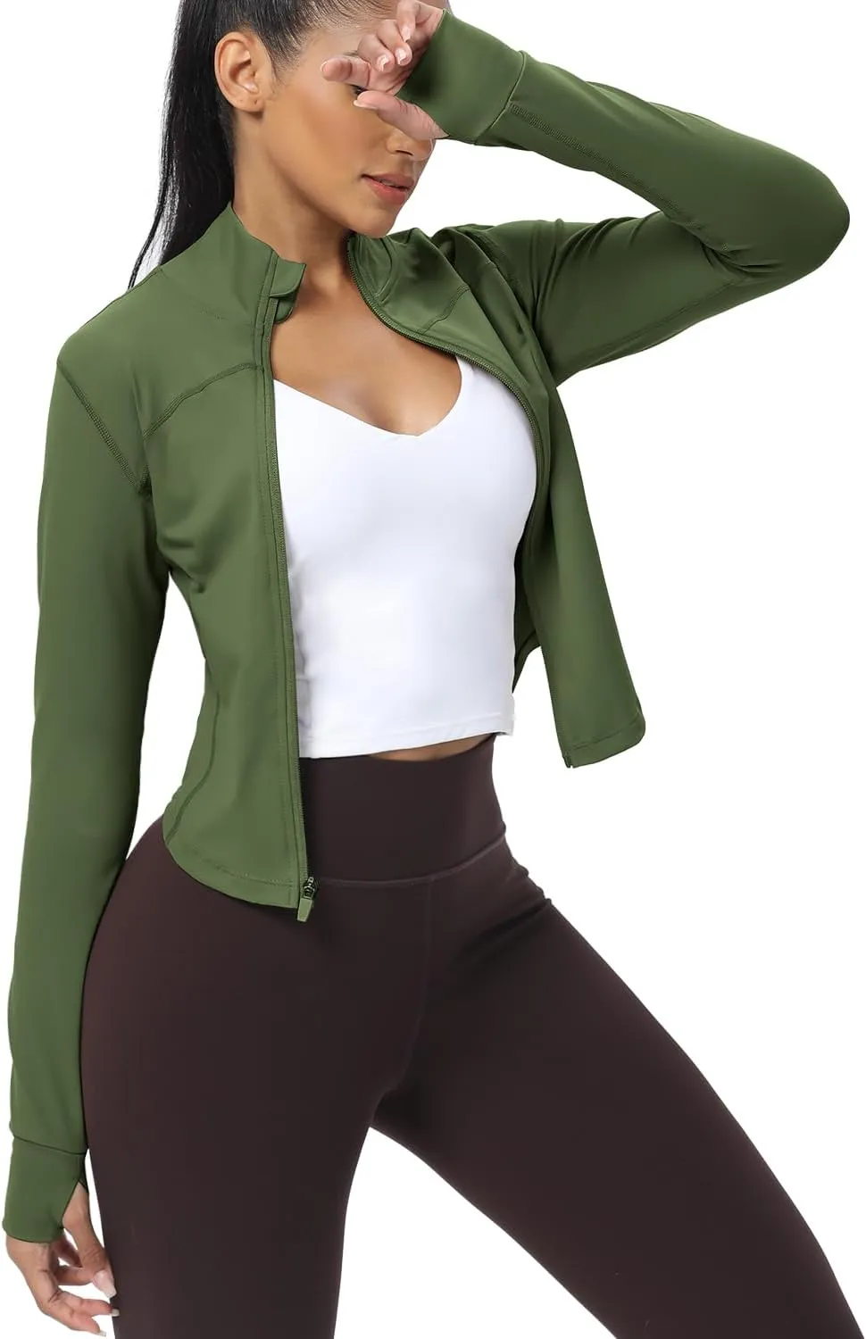 AVGO Women's Cropped Running Workout Jackets Zip Slim Fit Athletic Tops with Thumb Holes