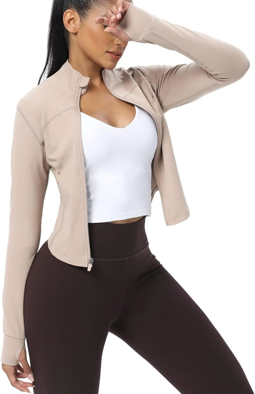 AVGO Women's Cropped Running Workout Jackets Zip Slim Fit Athletic Tops with Thumb Holes