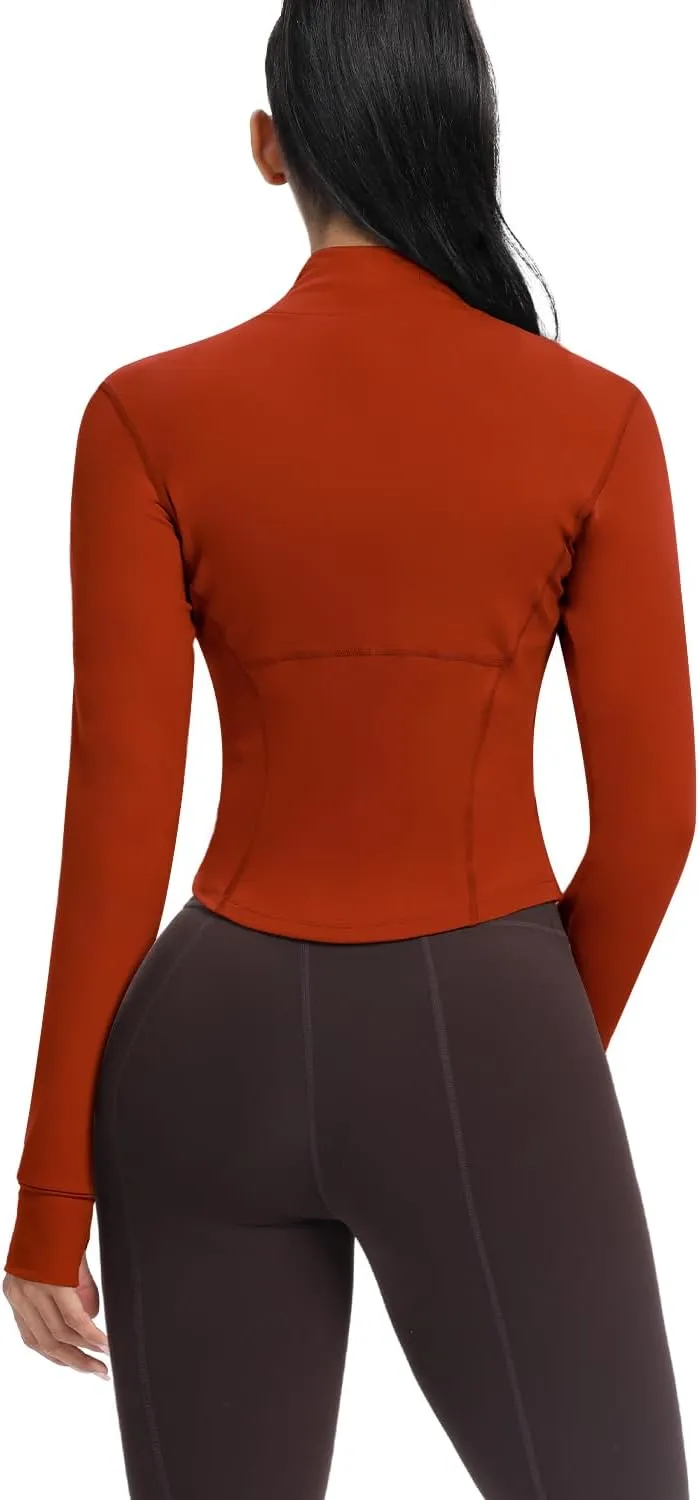 AVGO Women's Cropped Running Workout Jackets Zip Slim Fit Athletic Tops with Thumb Holes