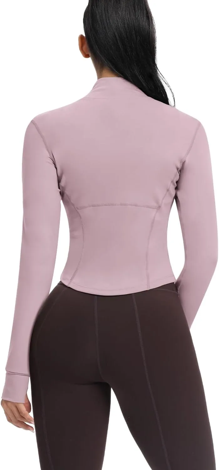 AVGO Women's Cropped Running Workout Jackets Zip Slim Fit Athletic Tops with Thumb Holes