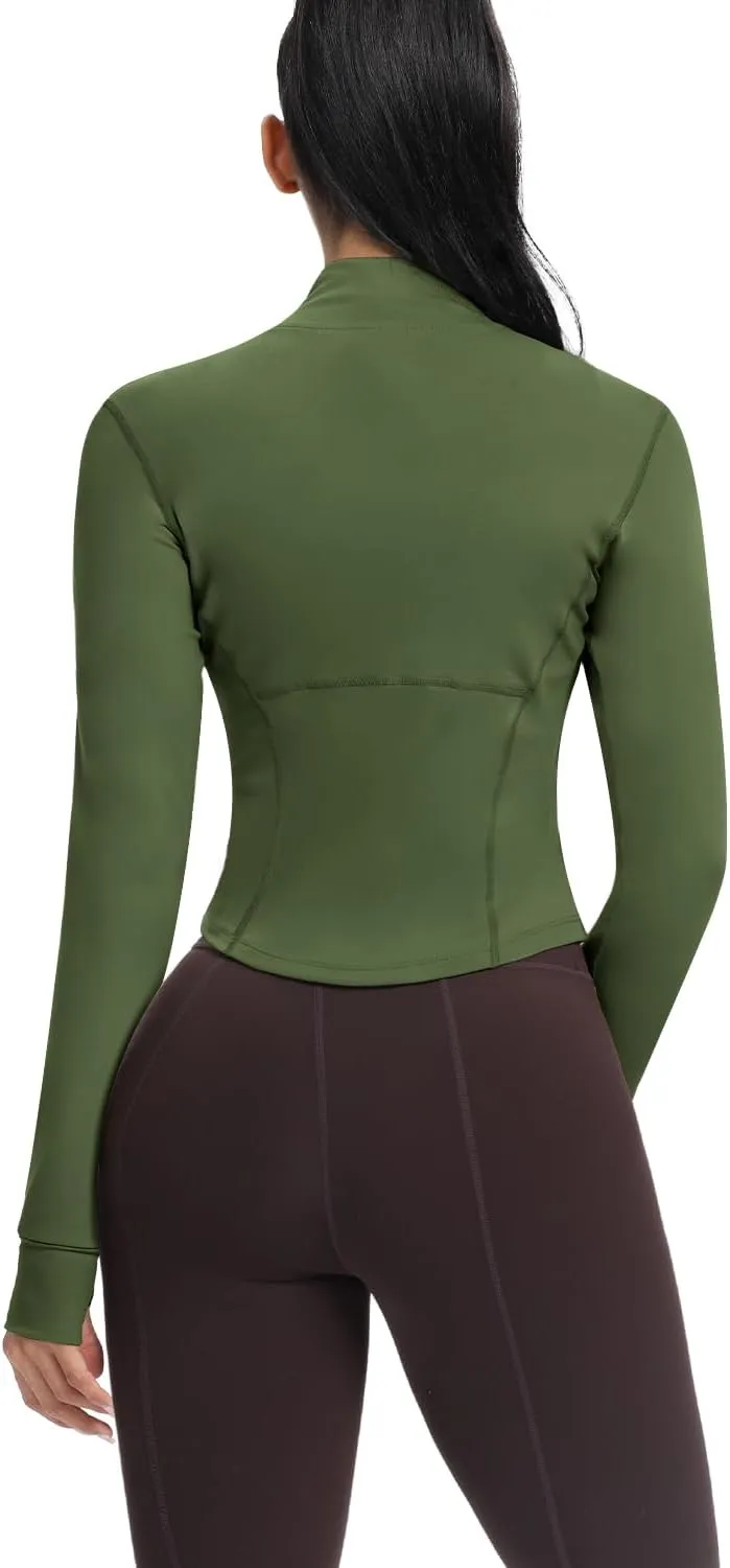AVGO Women's Cropped Running Workout Jackets Zip Slim Fit Athletic Tops with Thumb Holes