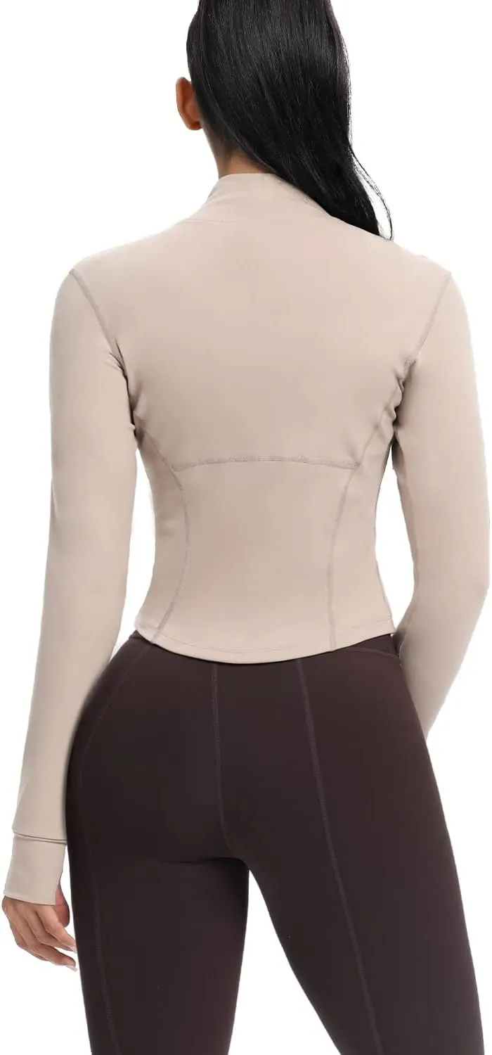 AVGO Women's Cropped Running Workout Jackets Zip Slim Fit Athletic Tops with Thumb Holes