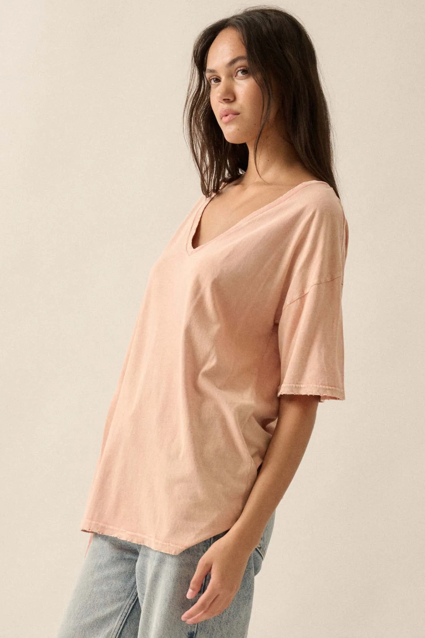 Big Mood Vintage-Wash Oversize V-Neck Tee