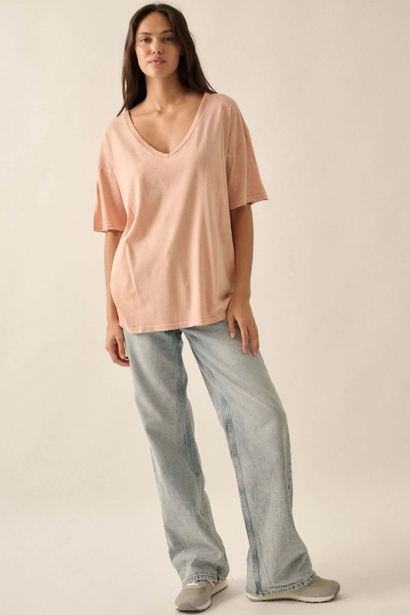 Big Mood Vintage-Wash Oversize V-Neck Tee
