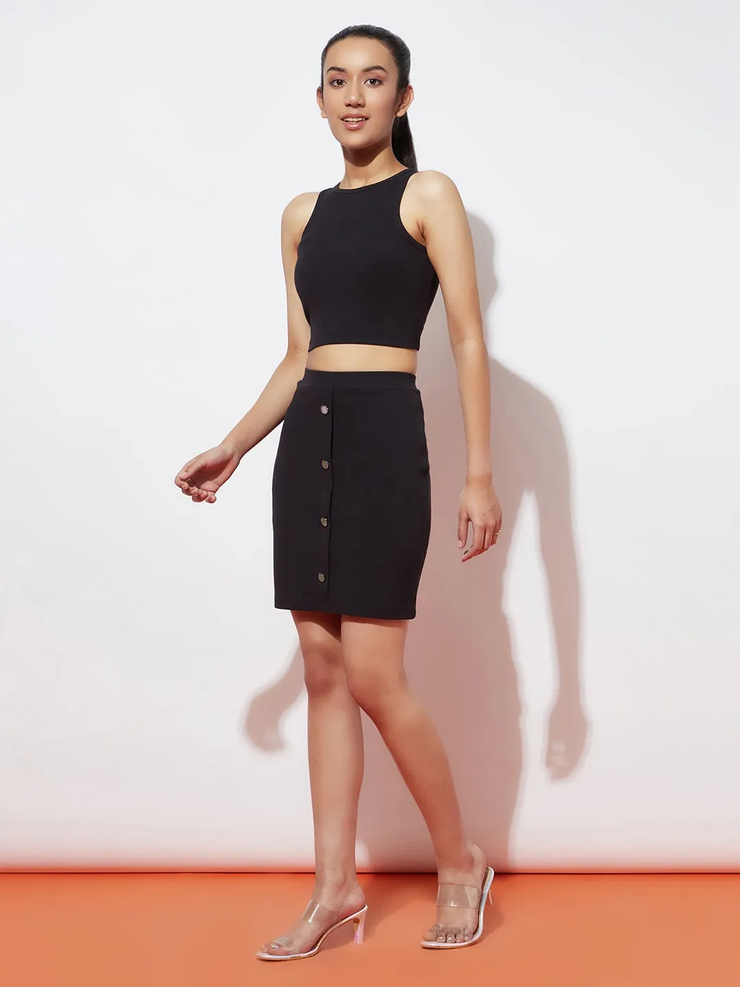 Black Crop Top and Pencil Skirt Heavy Ribbed Set