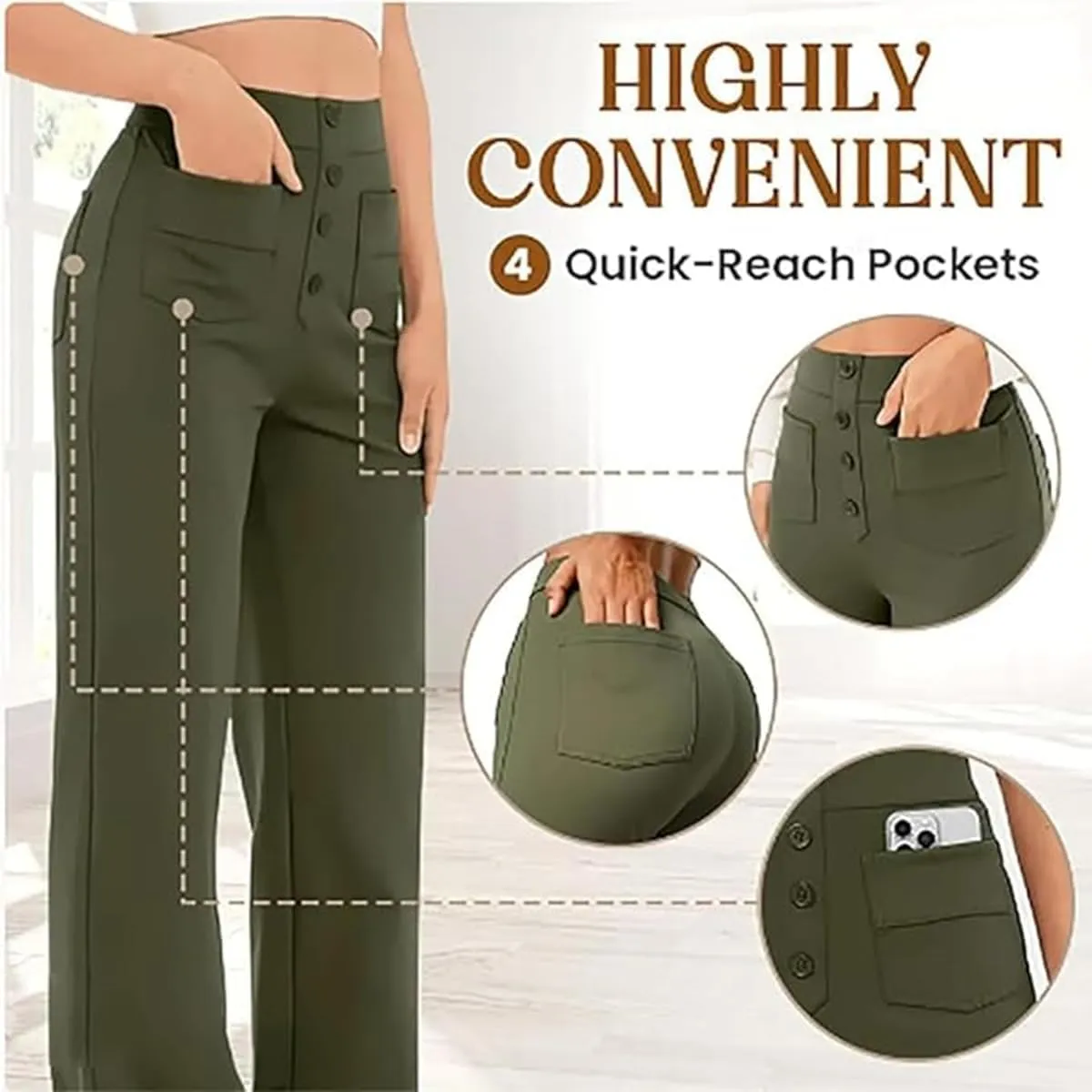 Bloomy Dove Stretch Pants,Solid Stretchy High Waist Trousers Pants,Multiple Pockets Straight Stretch Pants for Women