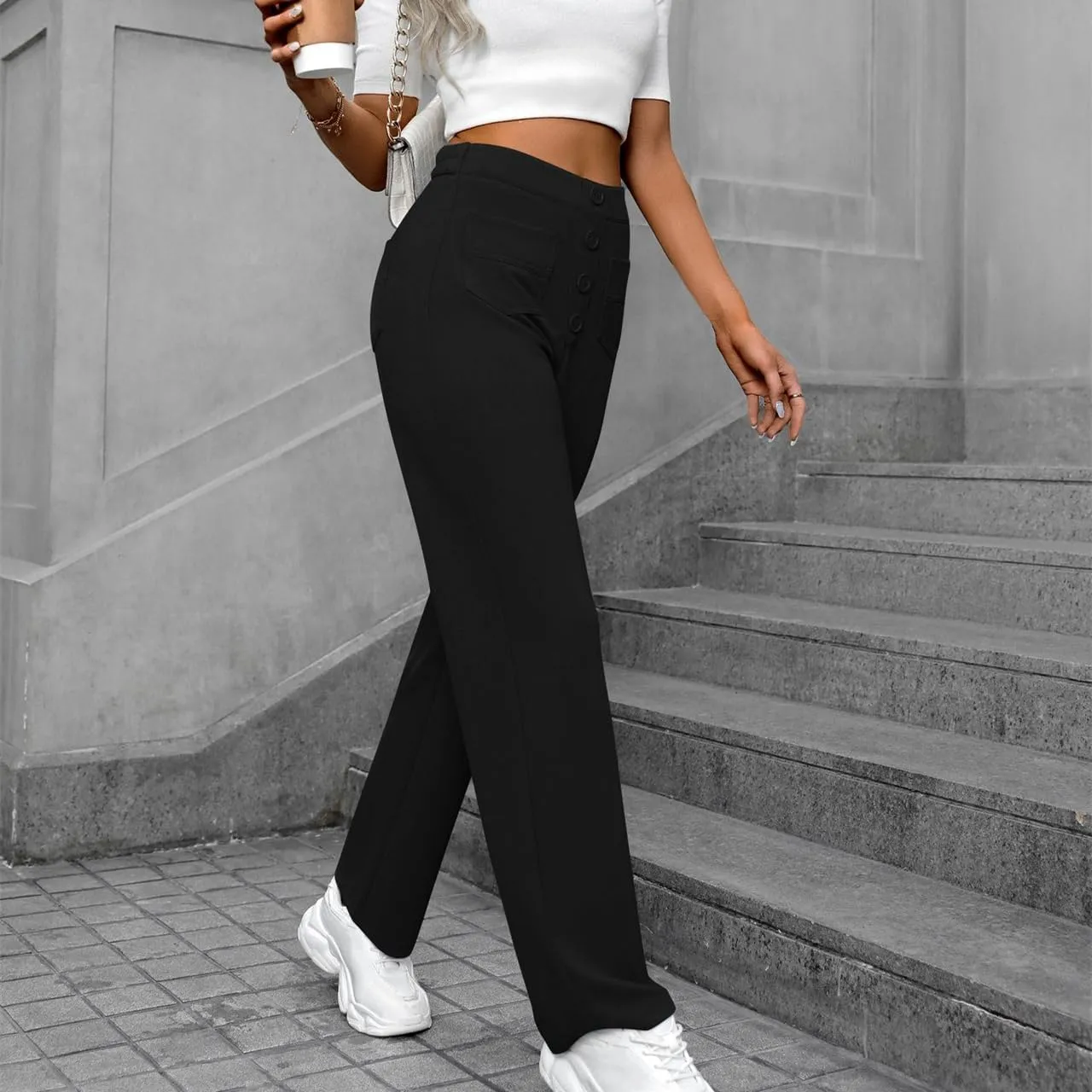 Bloomy Dove Stretch Pants,Solid Stretchy High Waist Trousers Pants,Multiple Pockets Straight Stretch Pants for Women
