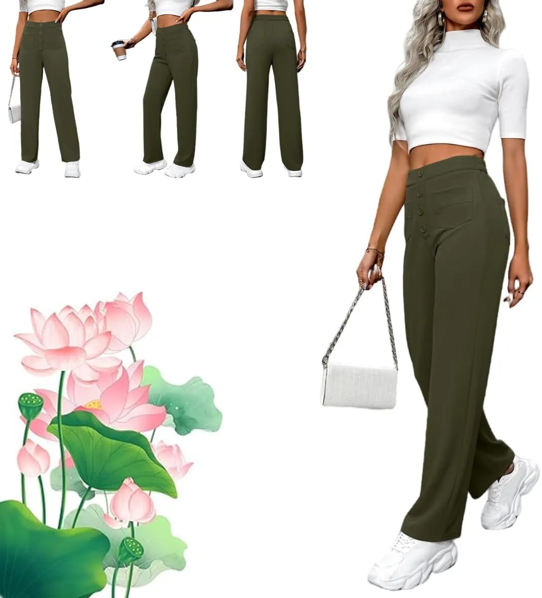 Bloomy Dove Stretch Pants,Solid Stretchy High Waist Trousers Pants,Multiple Pockets Straight Stretch Pants for Women