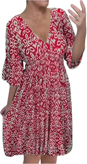 Bohemian Summer Dresses for Women 2024 Flowy 3/4 Sleeve V Neck Boho Floral Print Sun Dresses Trendy Vacation Clothes