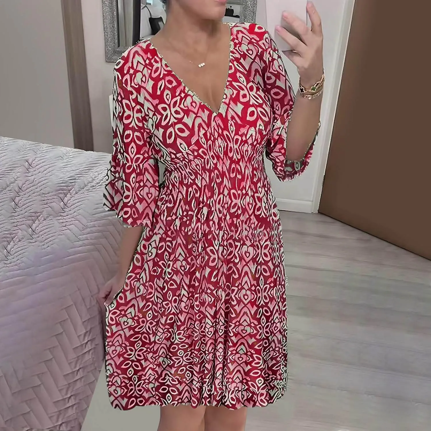 Bohemian Summer Dresses for Women 2024 Flowy 3/4 Sleeve V Neck Boho Floral Print Sun Dresses Trendy Vacation Clothes