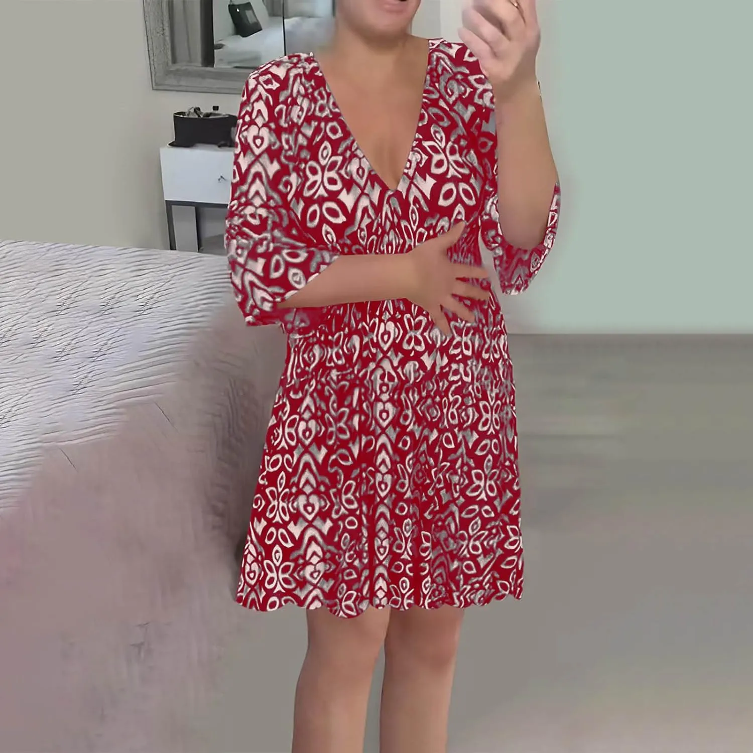 Bohemian Summer Dresses for Women 2024 Flowy 3/4 Sleeve V Neck Boho Floral Print Sun Dresses Trendy Vacation Clothes