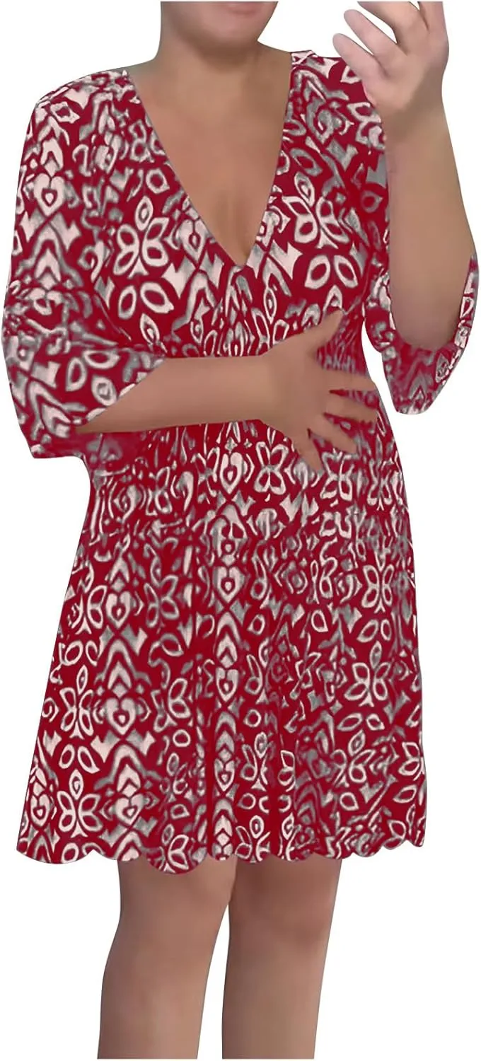 Bohemian Summer Dresses for Women 2024 Flowy 3/4 Sleeve V Neck Boho Floral Print Sun Dresses Trendy Vacation Clothes