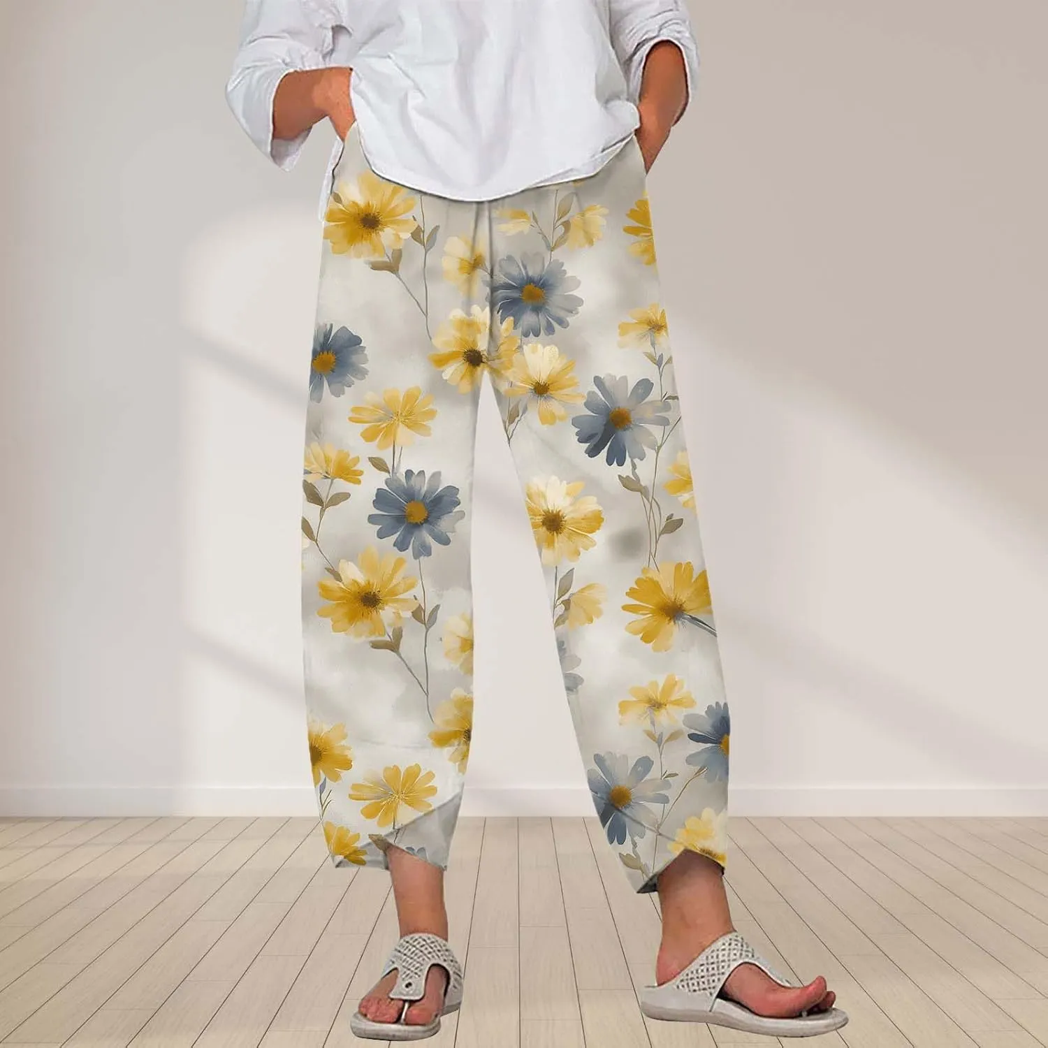 Boho Cotton Linen Pants for Womens Summer Floral Capri Pants Wide Leg Comfy Baggy Palazzo Trousers