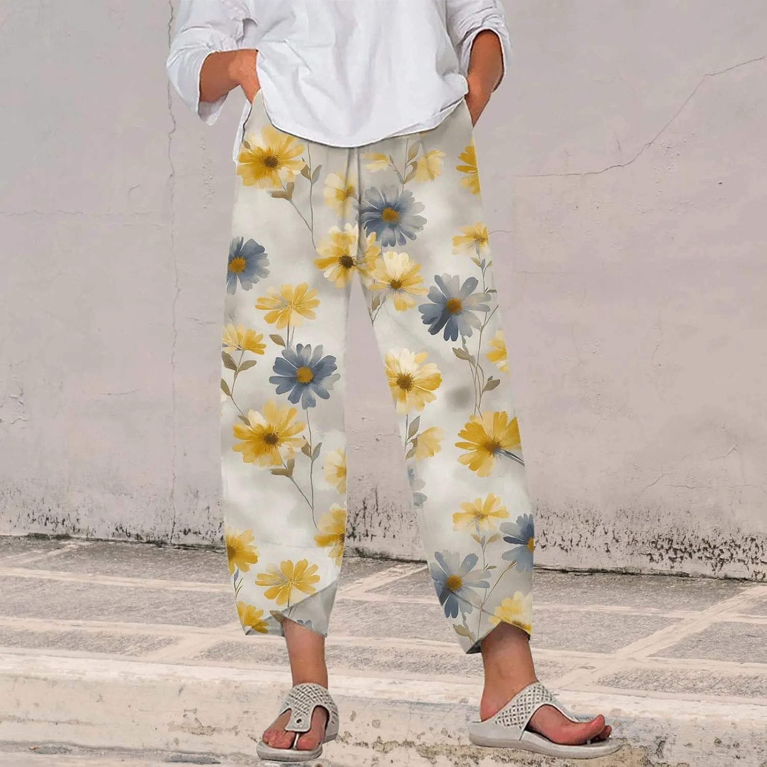 Boho Cotton Linen Pants for Womens Summer Floral Capri Pants Wide Leg Comfy Baggy Palazzo Trousers