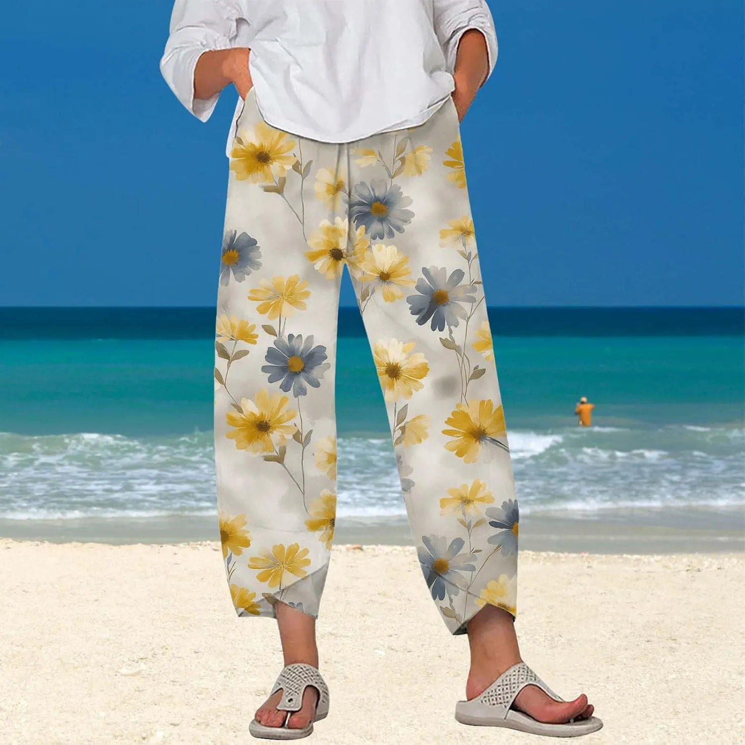 Boho Cotton Linen Pants for Womens Summer Floral Capri Pants Wide Leg Comfy Baggy Palazzo Trousers