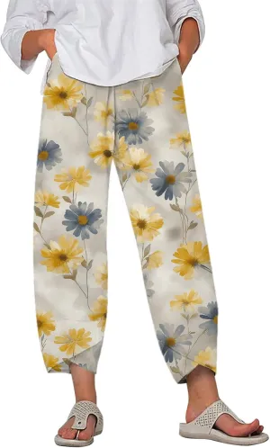 Boho Cotton Linen Pants for Womens Summer Floral Capri Pants Wide Leg Comfy Baggy Palazzo Trousers