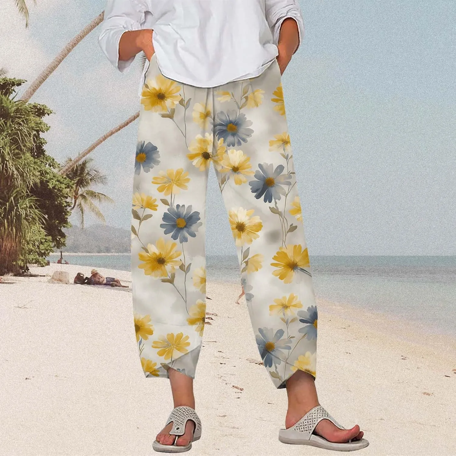 Boho Cotton Linen Pants for Womens Summer Floral Capri Pants Wide Leg Comfy Baggy Palazzo Trousers