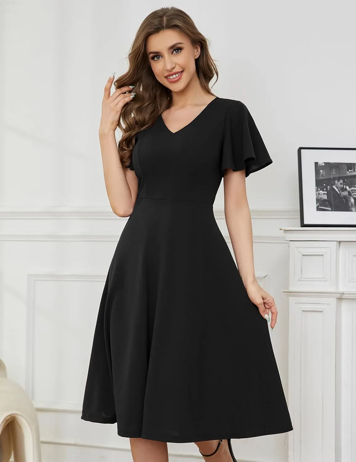 Bridesmay Wedding Guest Cocktail Dress 2025 Short Sleeve Modest A-Line Semi Formal Party Dress for Women