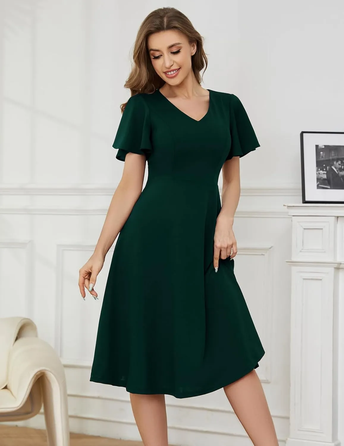 Bridesmay Wedding Guest Cocktail Dress 2025 Short Sleeve Modest A-Line Semi Formal Party Dress for Women