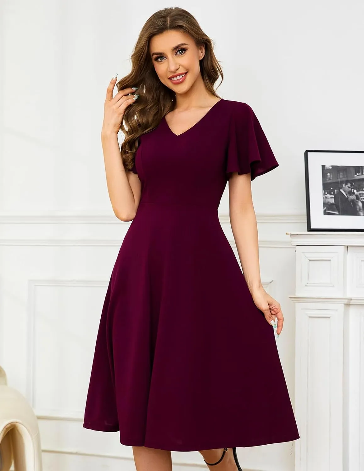 Bridesmay Wedding Guest Cocktail Dress 2025 Short Sleeve Modest A-Line Semi Formal Party Dress for Women