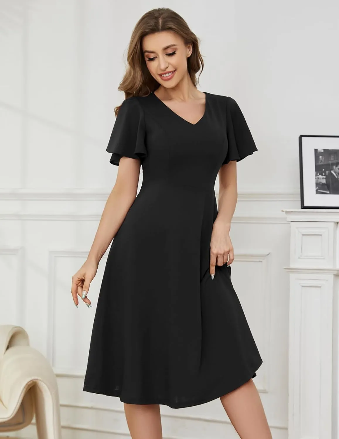 Bridesmay Wedding Guest Cocktail Dress 2025 Short Sleeve Modest A-Line Semi Formal Party Dress for Women