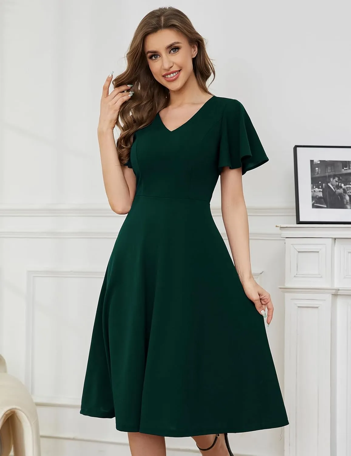 Bridesmay Wedding Guest Cocktail Dress 2025 Short Sleeve Modest A-Line Semi Formal Party Dress for Women