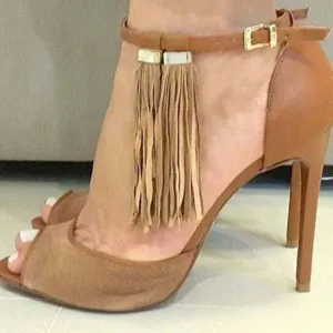 Brown Suede High Heel Fringe Sandals