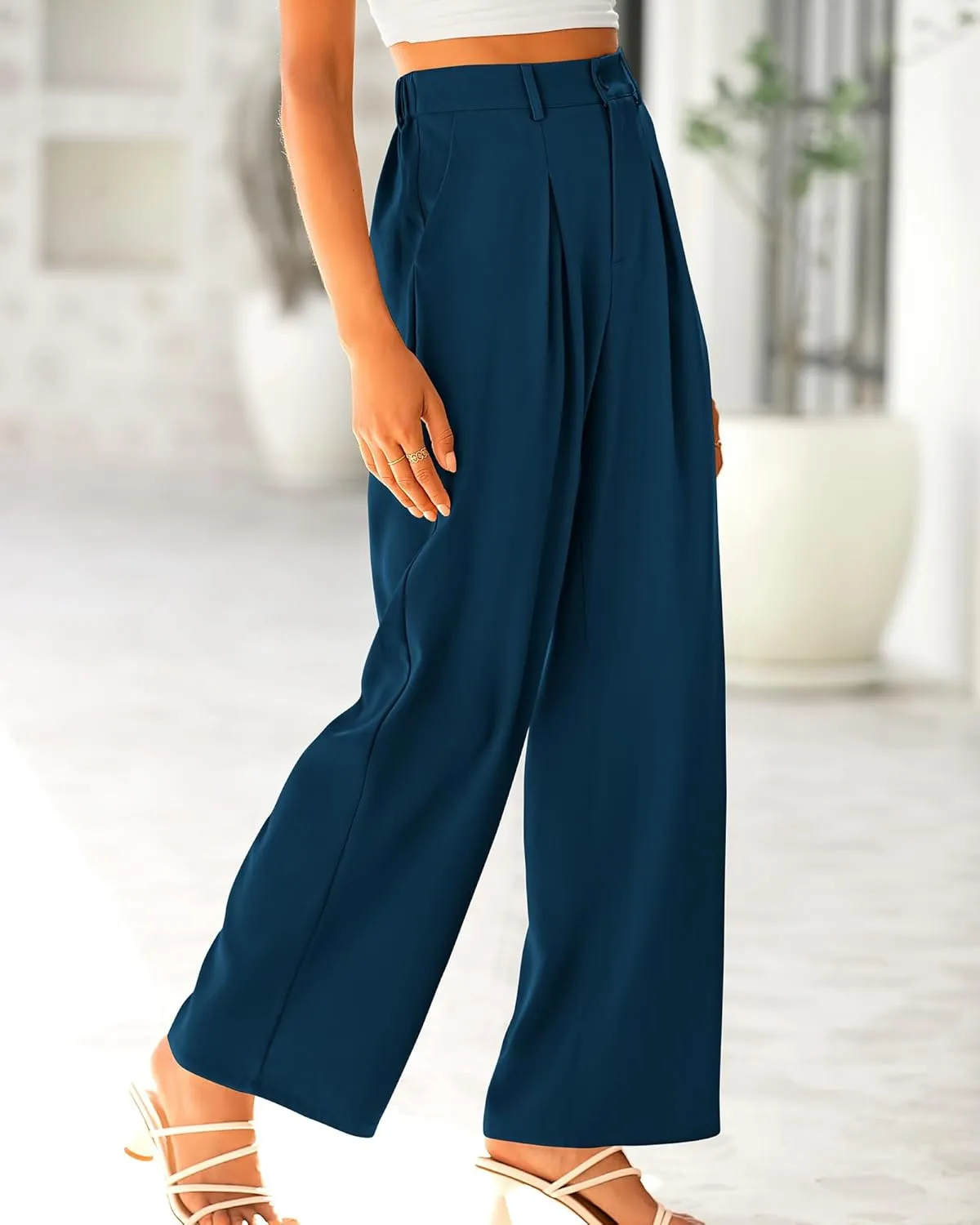 BTFBM Women High Waist Palazzo Pants Casual Wide Leg Trousers Button Down Loose Work Office Business Suit Pant Pockets
