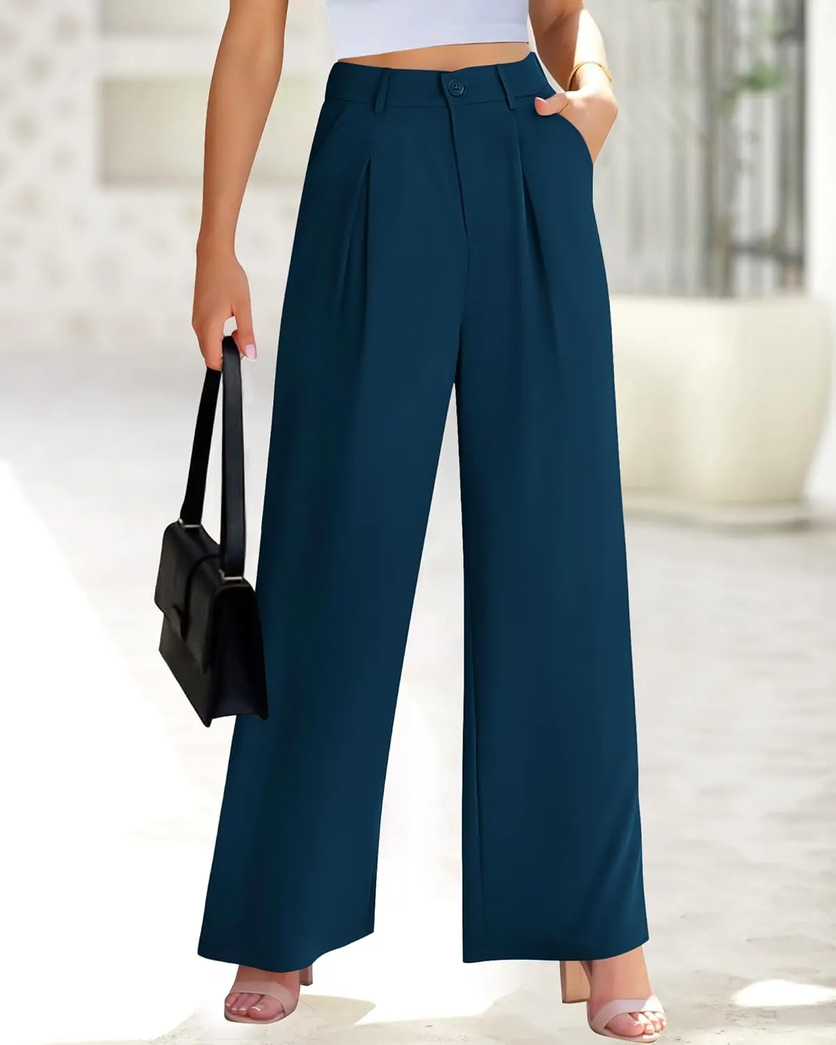 BTFBM Women High Waist Palazzo Pants Casual Wide Leg Trousers Button Down Loose Work Office Business Suit Pant Pockets
