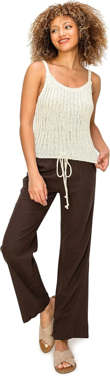 Cali1850 Women's Casual Linen Pants - 29", 32" Oceanside Drawstring Smocked Waist Beach Lounge Trousers with Pockets