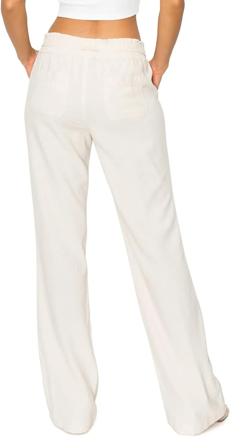 Cali1850 Women's Casual Linen Pants - 29", 32" Oceanside Drawstring Smocked Waist Beach Lounge Trousers with Pockets