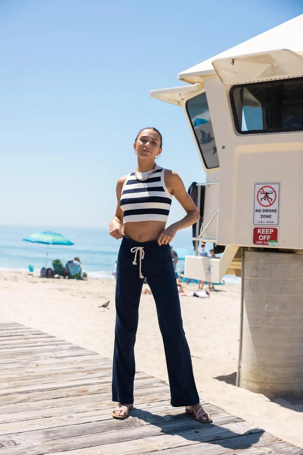 Cali1850 Women's Casual Linen Pants - 29", 32" Oceanside Drawstring Smocked Waist Beach Lounge Trousers with Pockets