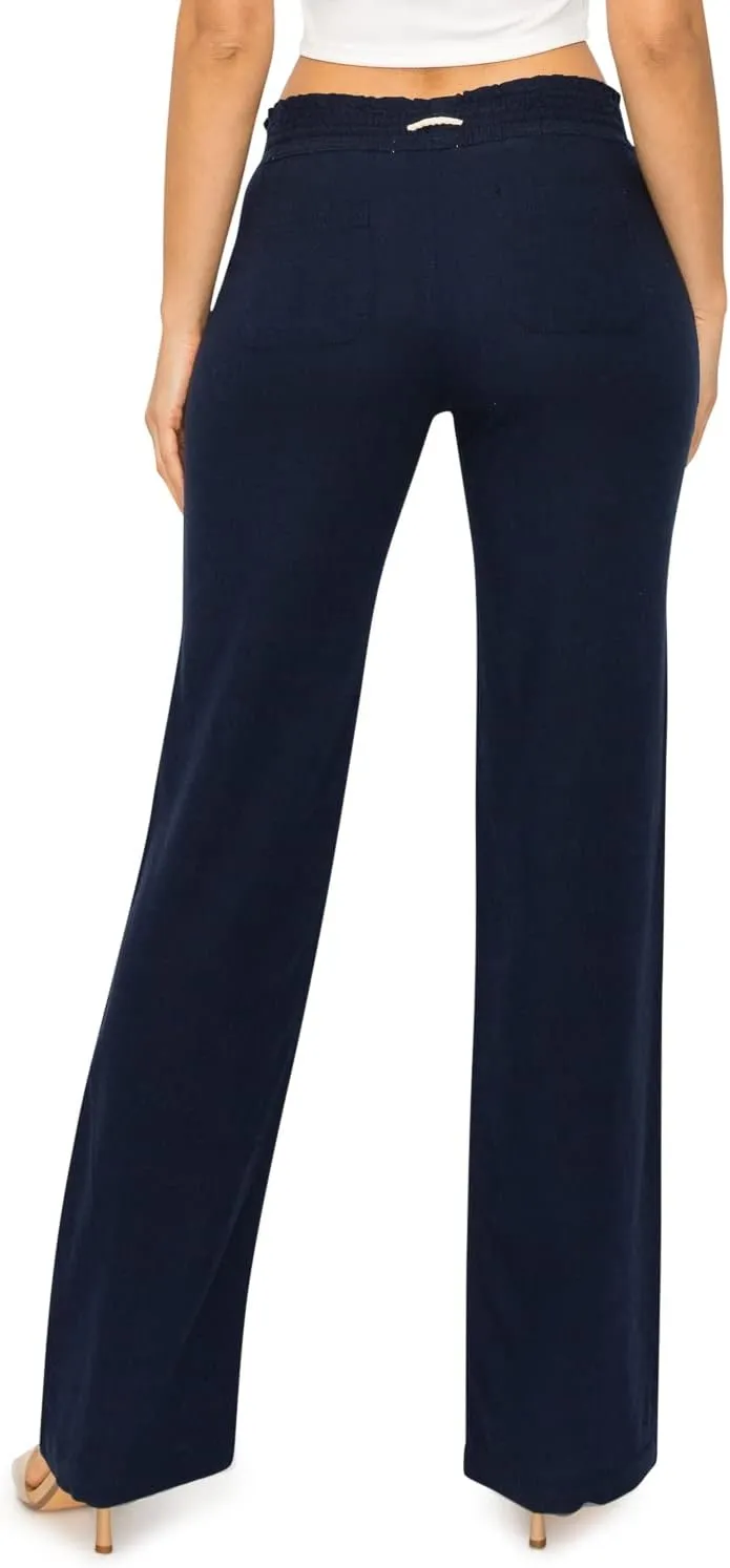 Cali1850 Women's Casual Linen Pants - 29", 32" Oceanside Drawstring Smocked Waist Beach Lounge Trousers with Pockets