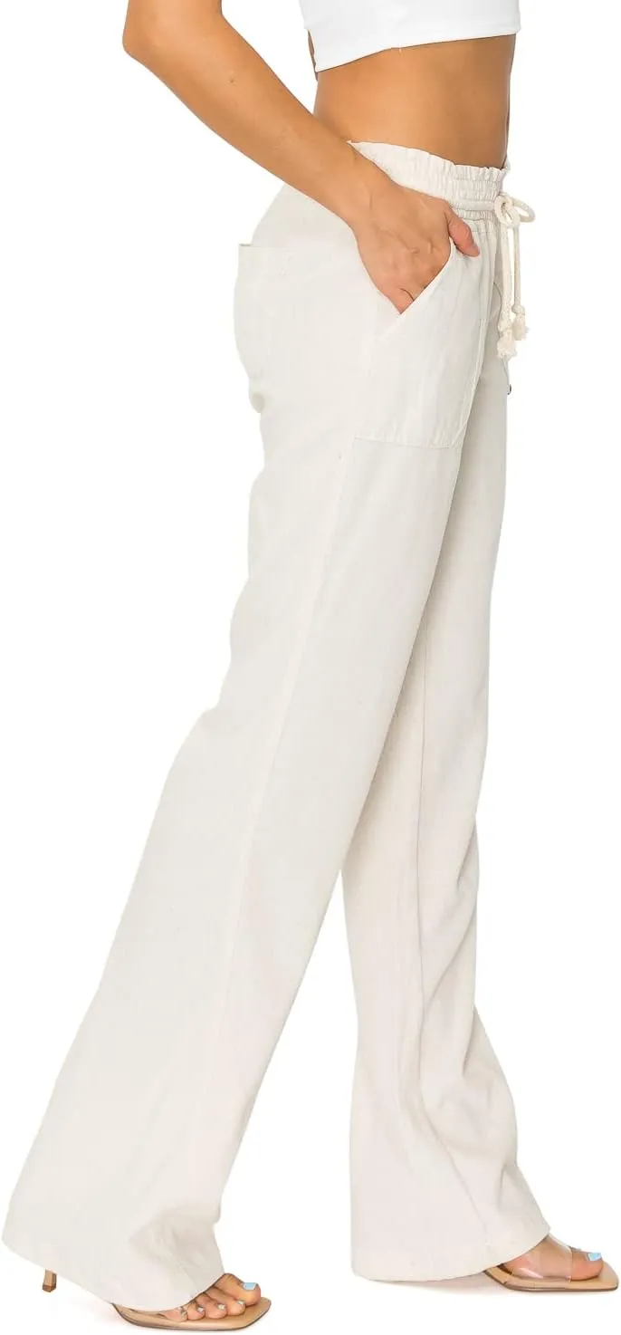 Cali1850 Women's Casual Linen Pants - 29", 32" Oceanside Drawstring Smocked Waist Beach Lounge Trousers with Pockets