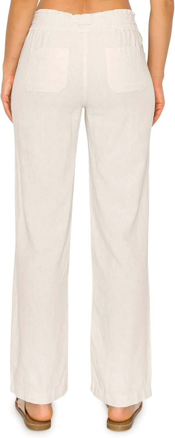 Cali1850 Women's Casual Linen Pants - 29", 32" Oceanside Drawstring Smocked Waist Beach Lounge Trousers with Pockets