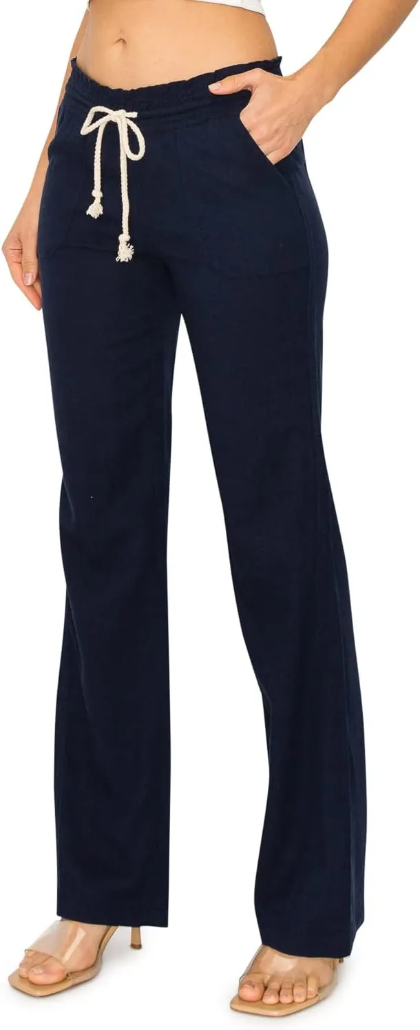 Cali1850 Women's Casual Linen Pants - 29", 32" Oceanside Drawstring Smocked Waist Beach Lounge Trousers with Pockets