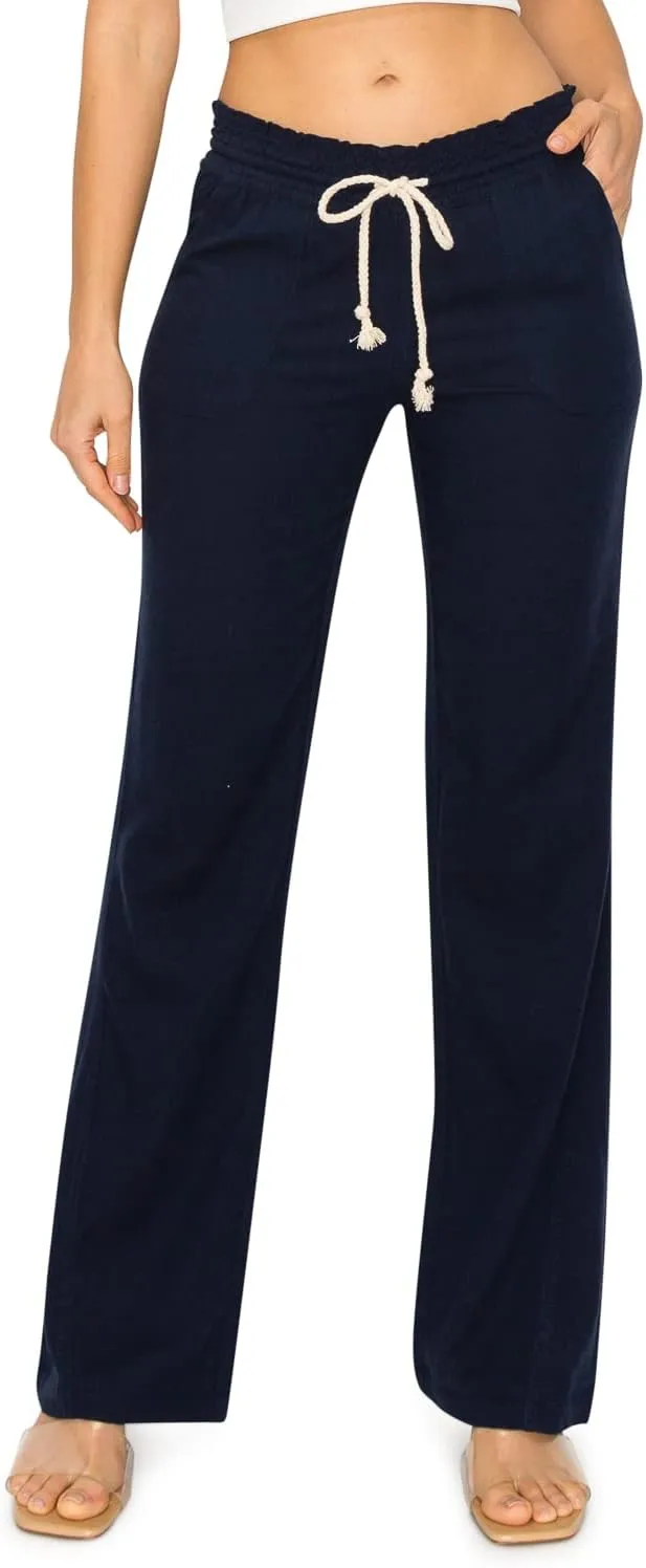 Cali1850 Women's Casual Linen Pants - 29", 32" Oceanside Drawstring Smocked Waist Beach Lounge Trousers with Pockets