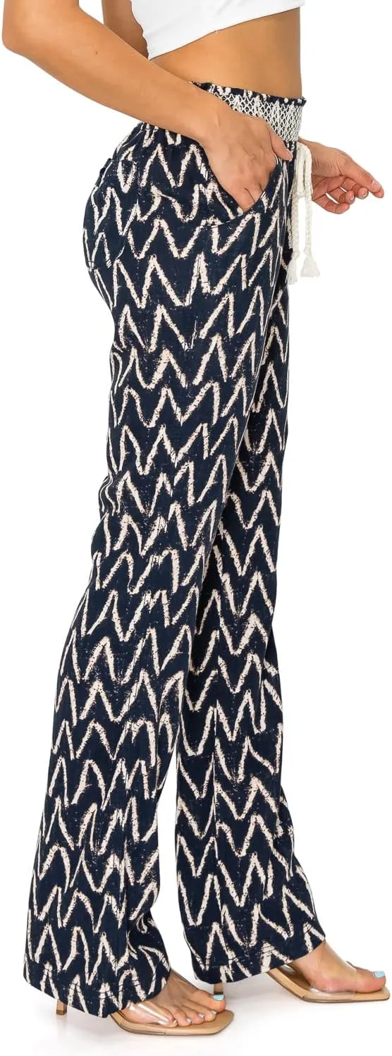 Cali1850 Women's Casual Linen Pants - Smocked Waist Oceanside Lounge Beach Trousers with Pockets