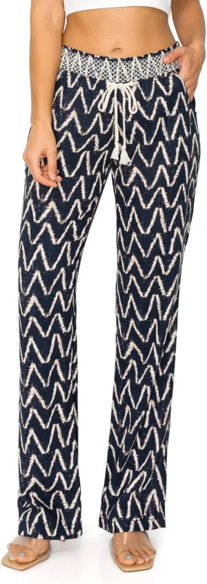 Cali1850 Women's Casual Linen Pants - Smocked Waist Oceanside Lounge Beach Trousers with Pockets