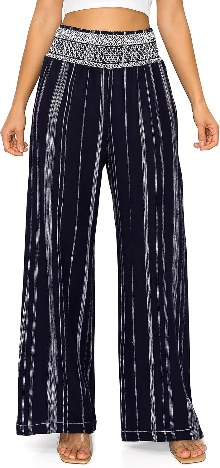 Cali1850 Women's Casual Linen Pants - Smocked Waist Oceanside Lounge Beach Trousers with Pockets