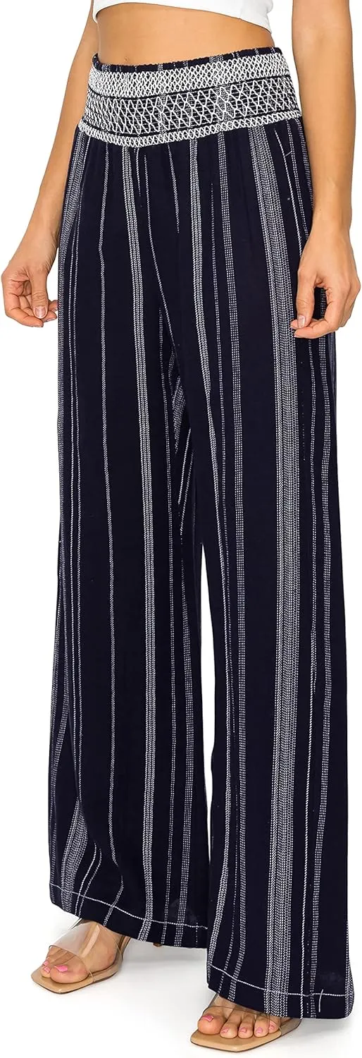 Cali1850 Women's Casual Linen Pants - Smocked Waist Oceanside Lounge Beach Trousers with Pockets
