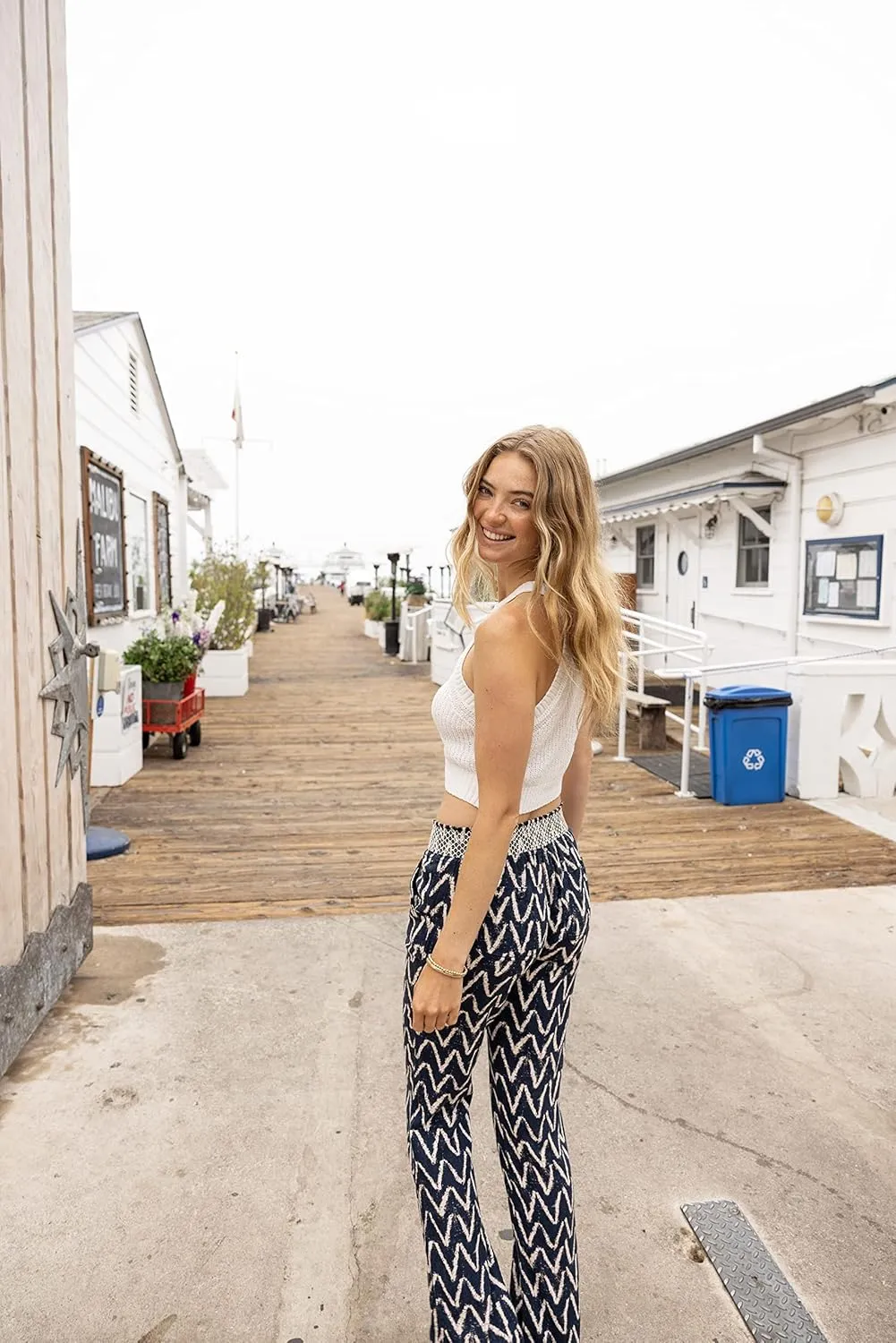 Cali1850 Women's Casual Linen Pants - Smocked Waist Oceanside Lounge Beach Trousers with Pockets
