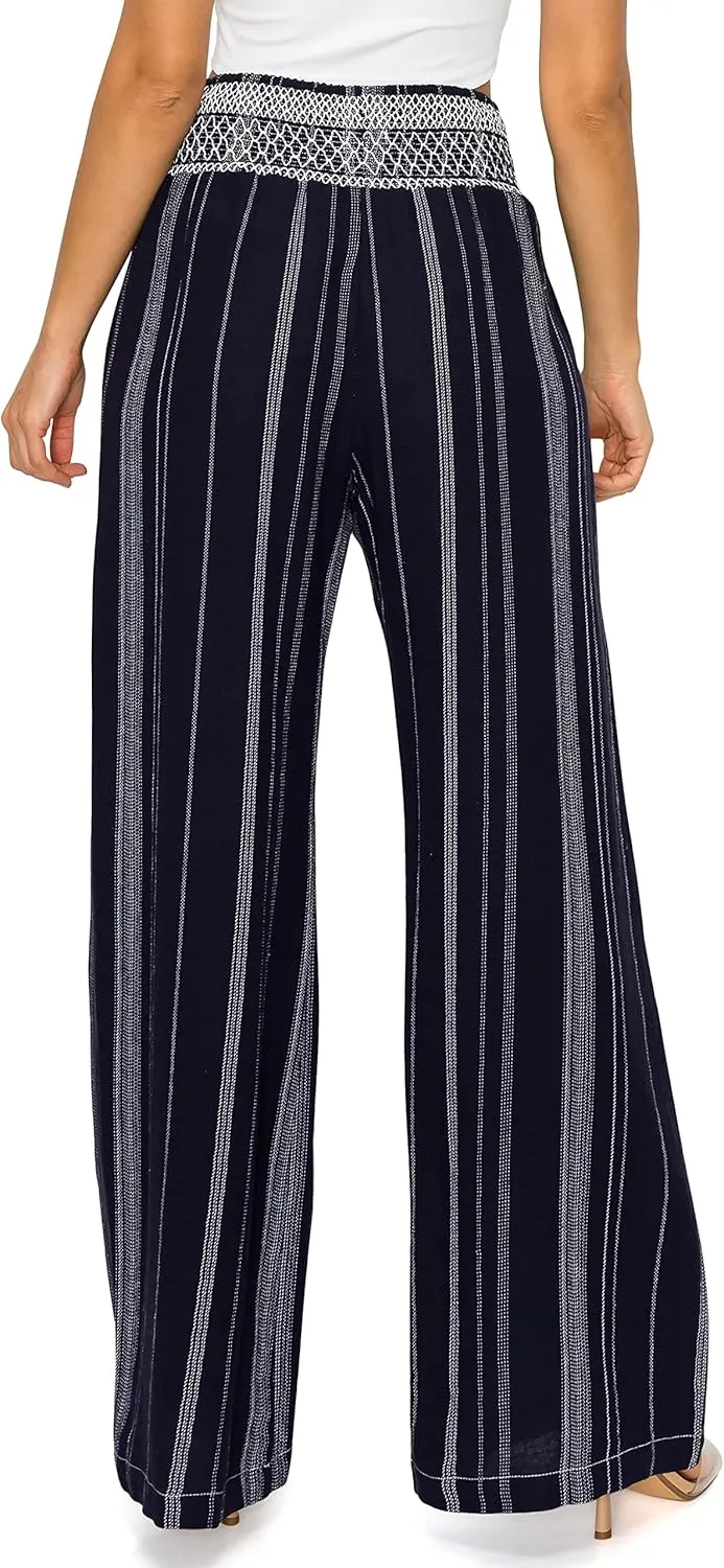Cali1850 Women's Casual Linen Pants - Smocked Waist Oceanside Lounge Beach Trousers with Pockets
