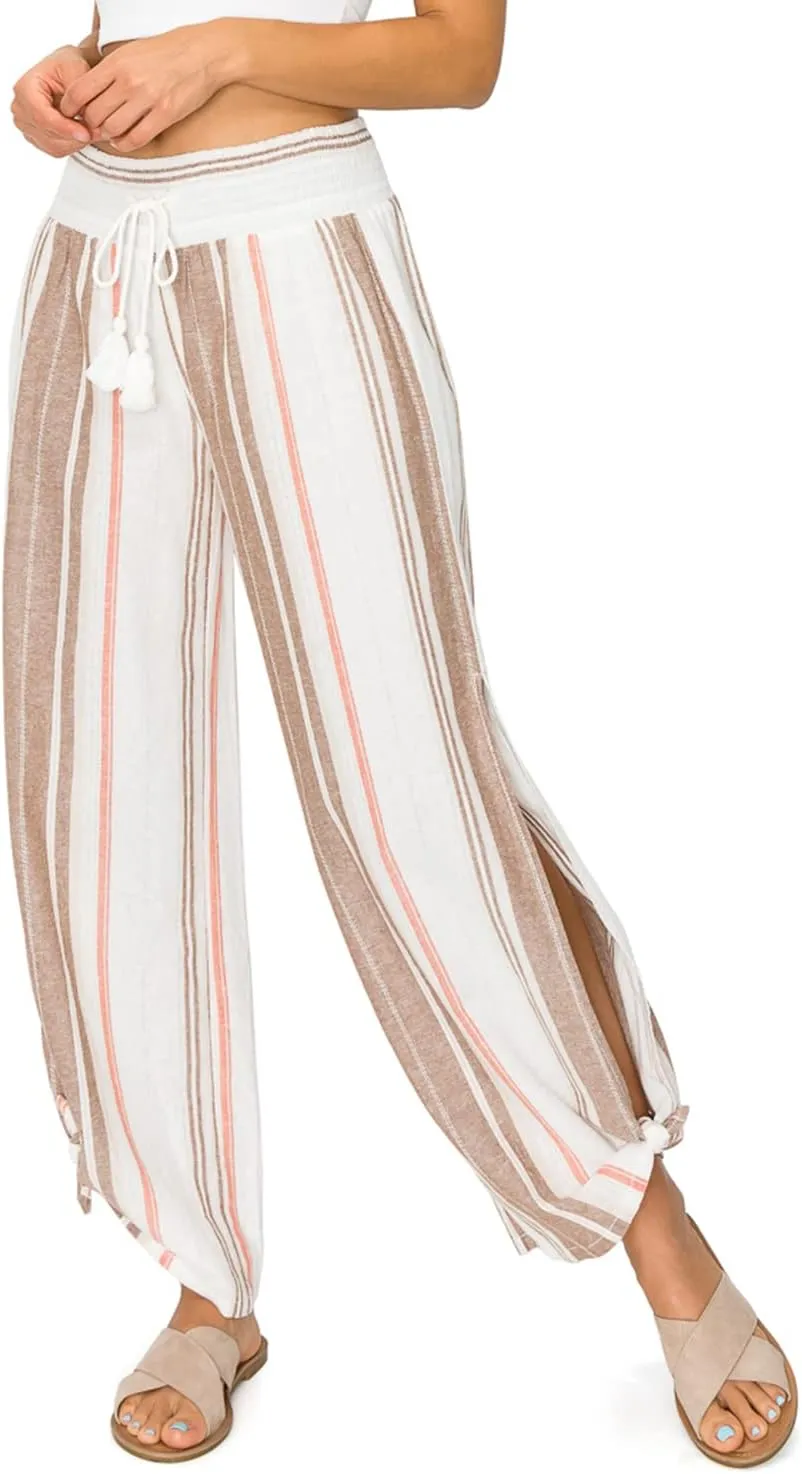 Cali1850 Women's Casual Linen Pants - Smocked Waist Oceanside Lounge Beach Trousers with Pockets
